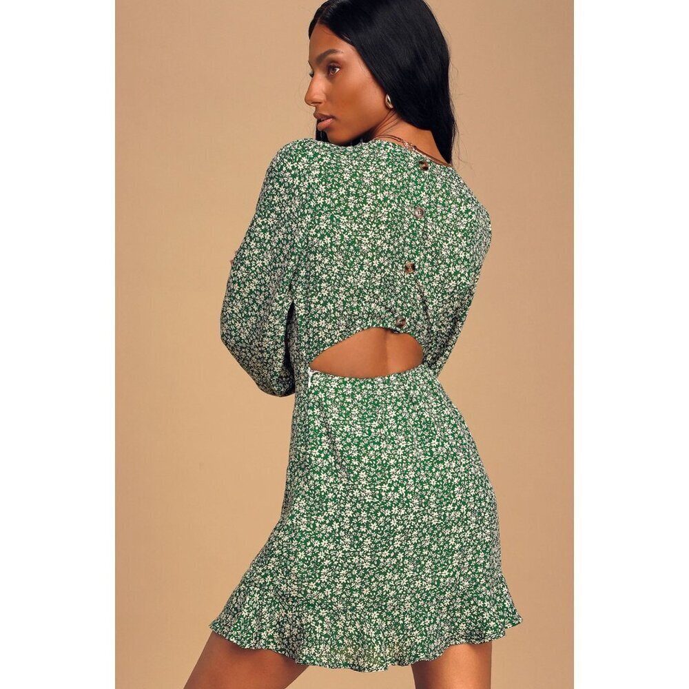 Lulus Mini Dress Size Large Green Floral Ruffle Feminine Dainty Blooming Darling - Picture 2 of 13